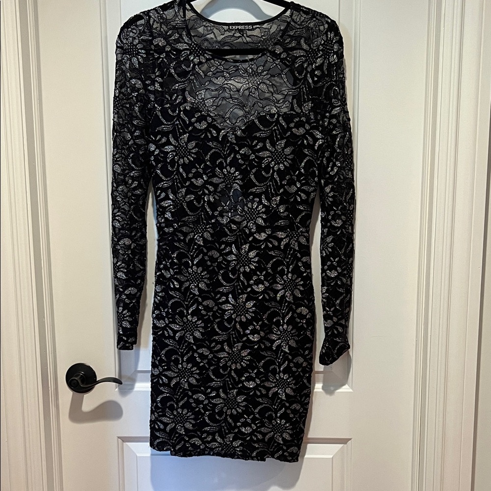 Express Black Floral Lace Long Sleeve Dress